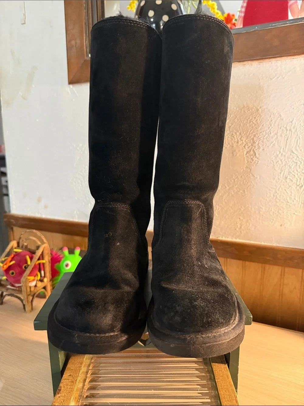 UGG Australia Roseberry Black Suede Lace Back Tall Winter Boots with Fuzzy Trim